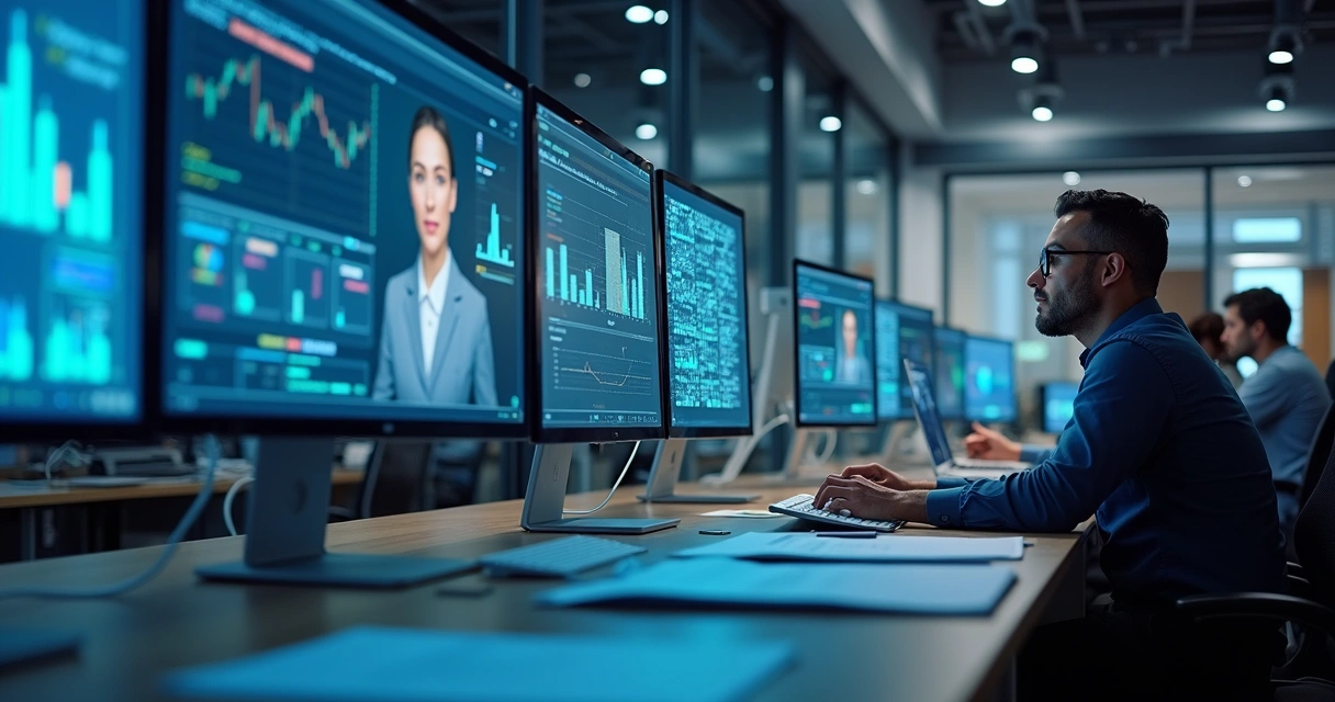 Ambiente de escritório contábil com softwares e automação 