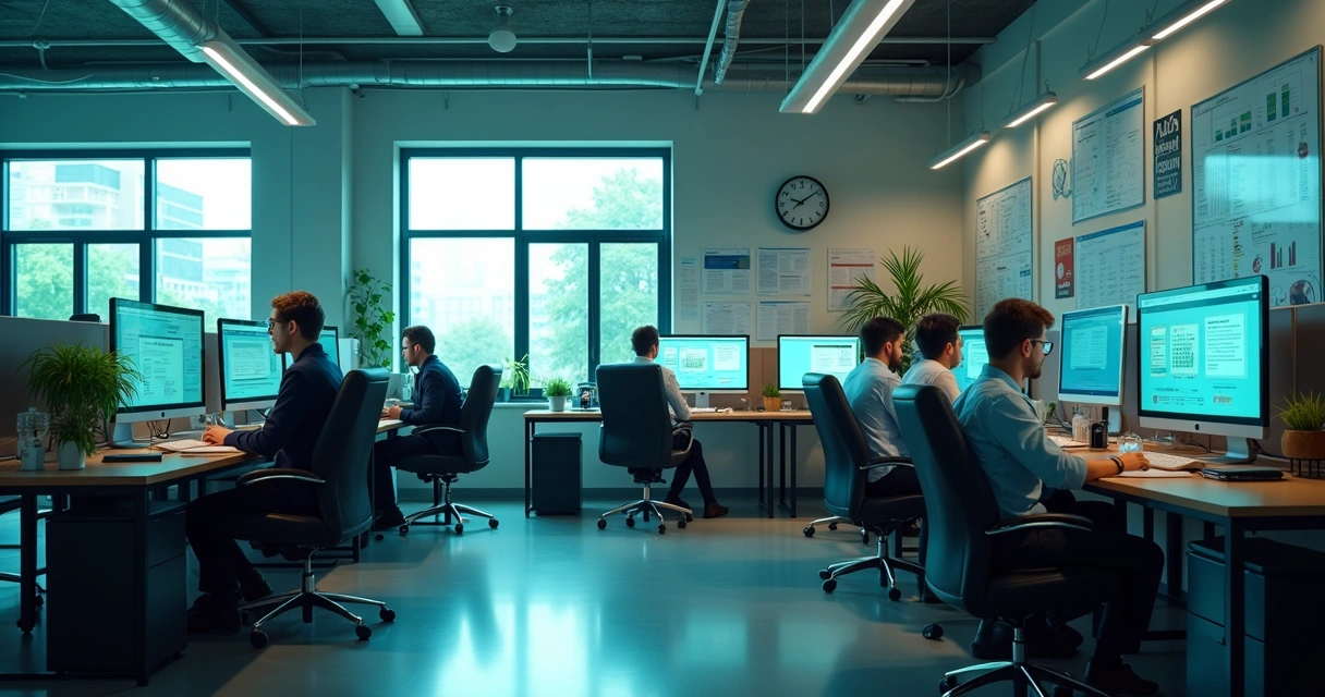 Escritório com computadores, monitores mostrando gráficos e planilhas, destaque para certificados digitais na tela 