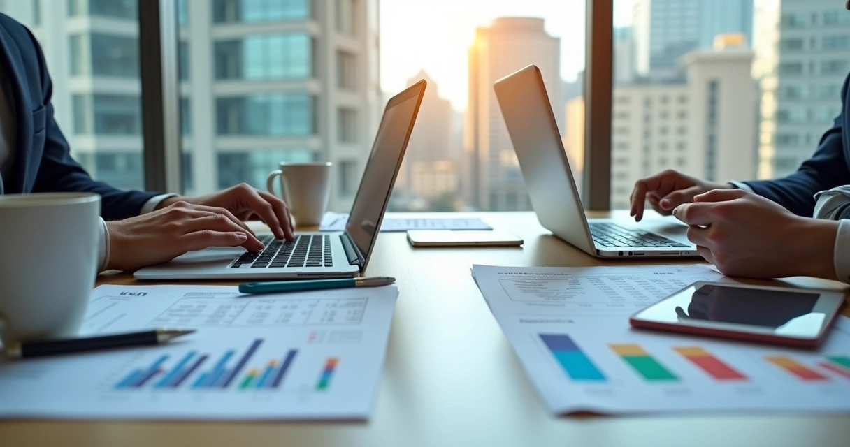 Mesa de escritório com notebooks, gráficos e documentos fiscais 