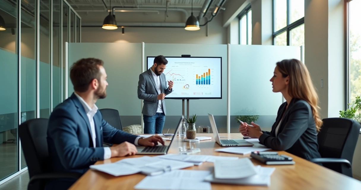 Escritório moderno de contabilidade digital com computador, planilhas e papéis sobre a mesa 