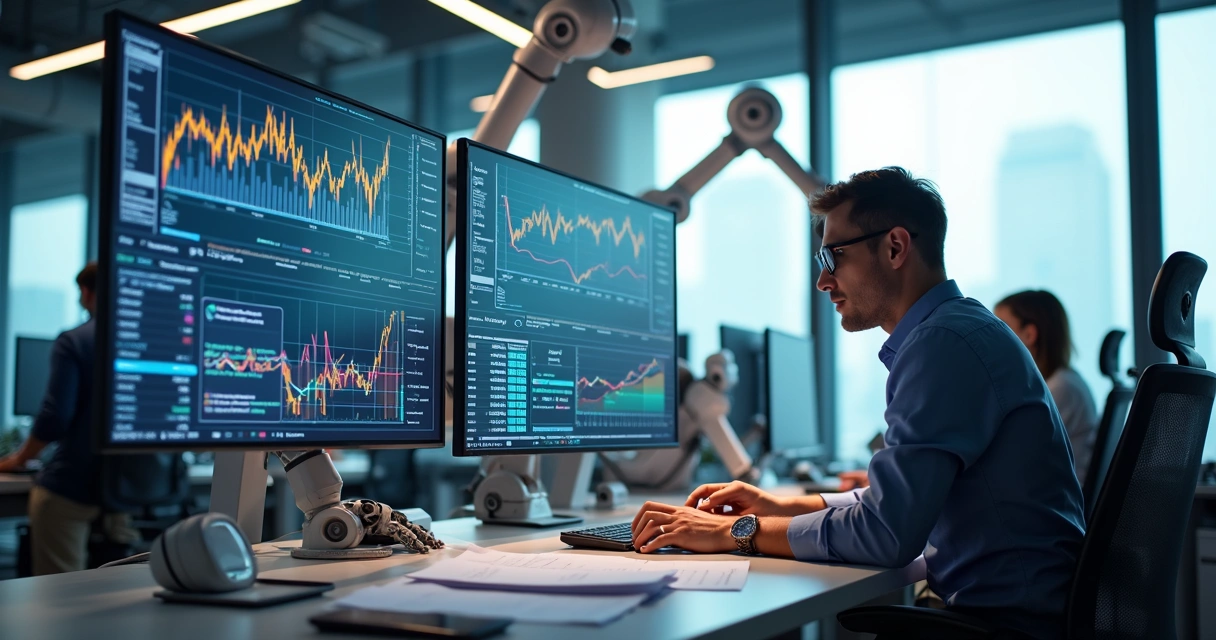 Escritório contábil moderno com computadores e gráficos digitais projetados 