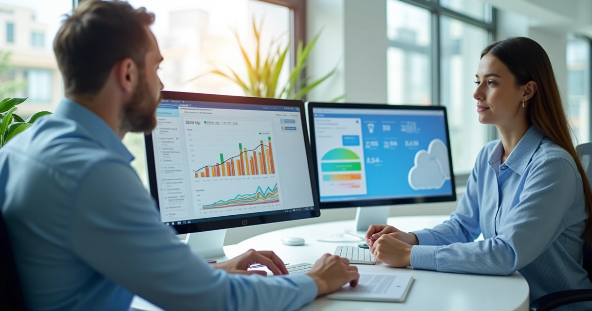 Ambiente de escritório moderno, contador utilizando computador com dashboards digitais 