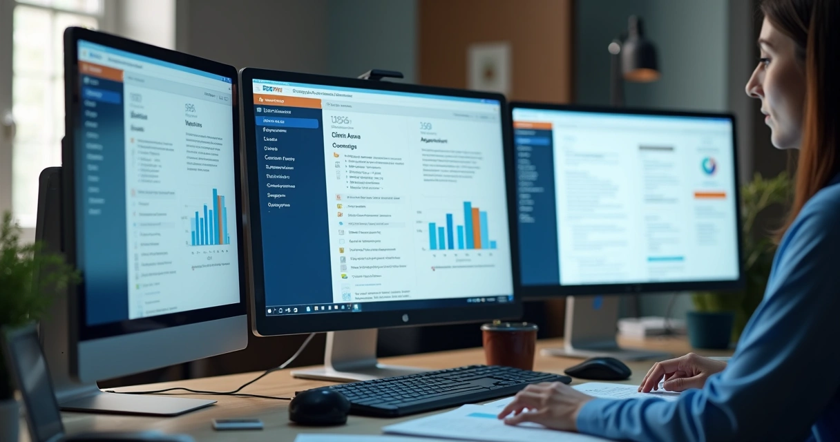Ambiente moderno de escritório contábil digital, com computadores e menu de site em tela