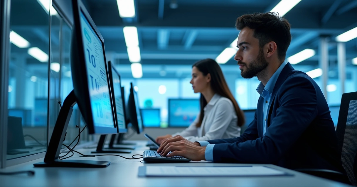 Equipe contábil conectando sistemas digitais em ambiente moderno.