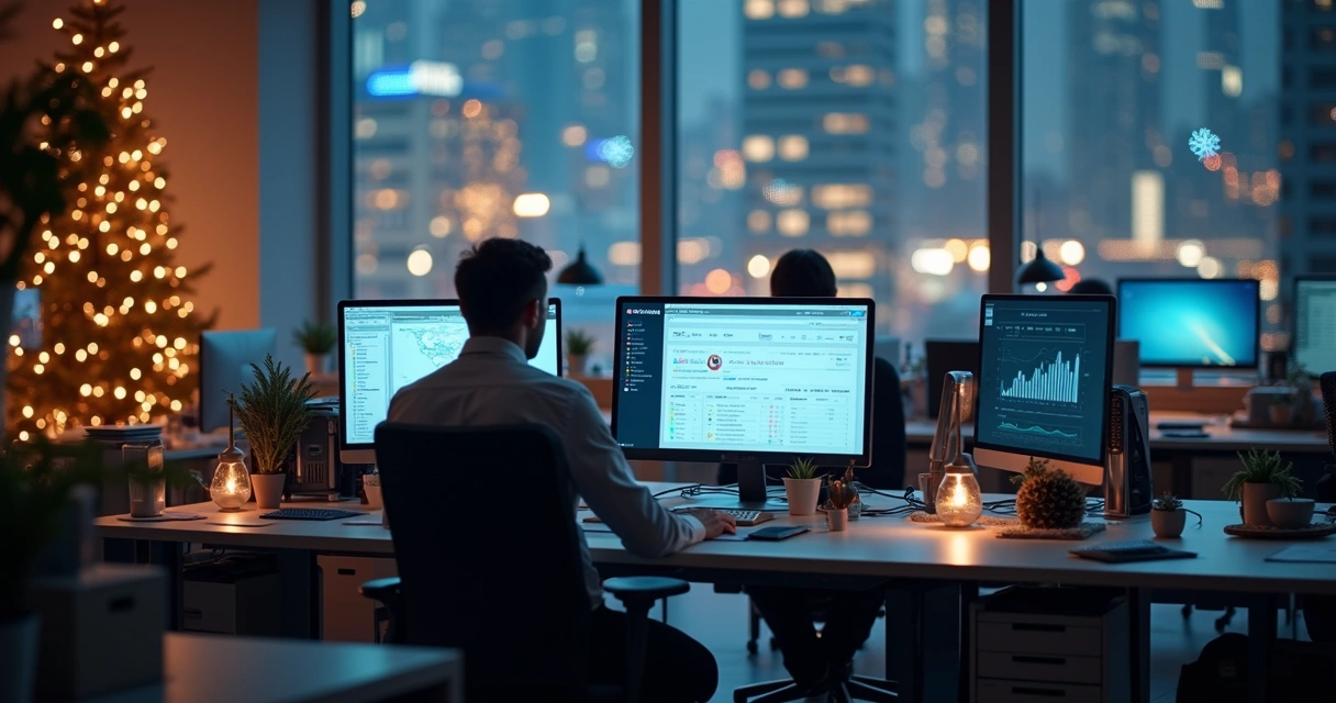 Escritório contábil digital com poucos funcionários durante o recesso de fim de ano 