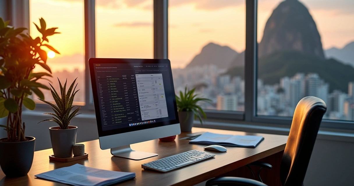 Mesa de escritório digital com computador moderno, papéis organizados e janela ao fundo mostrando paisagem urbana do Rio de Janeiro