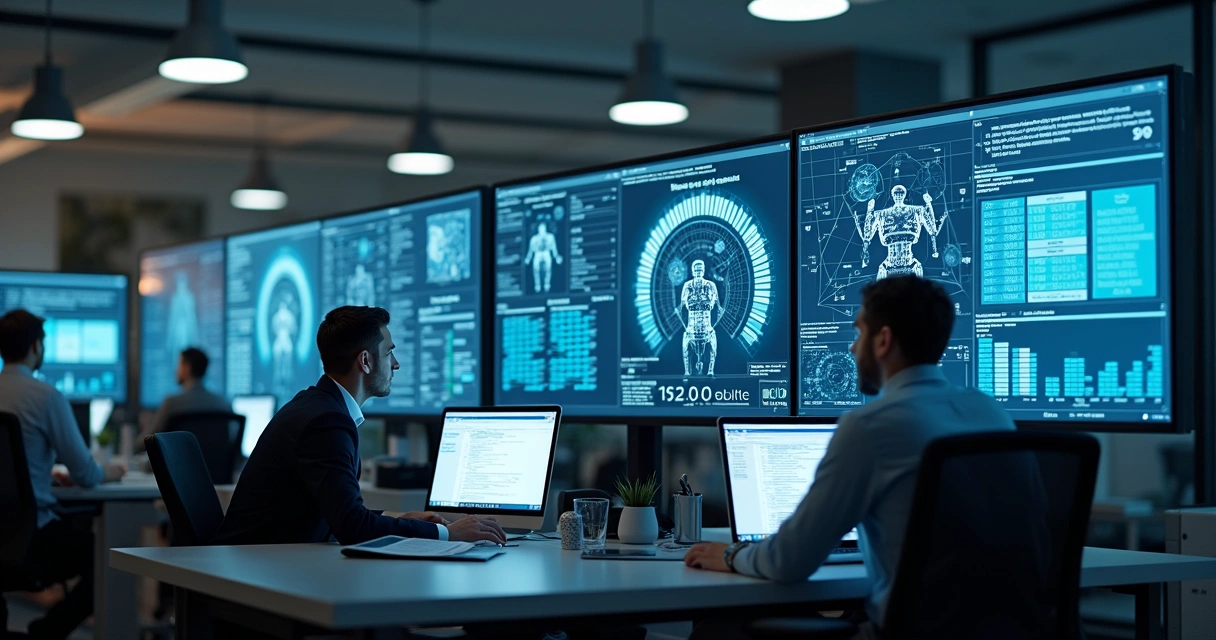 Escritório contábil com telas mostrando automação e robôs trabalhando 