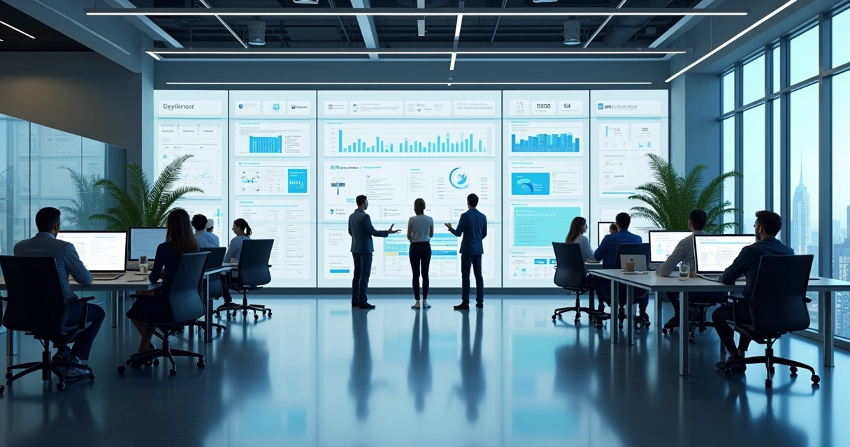 Escritório de contabilidade moderno com computadores e telas exibindo gráficos digitais 