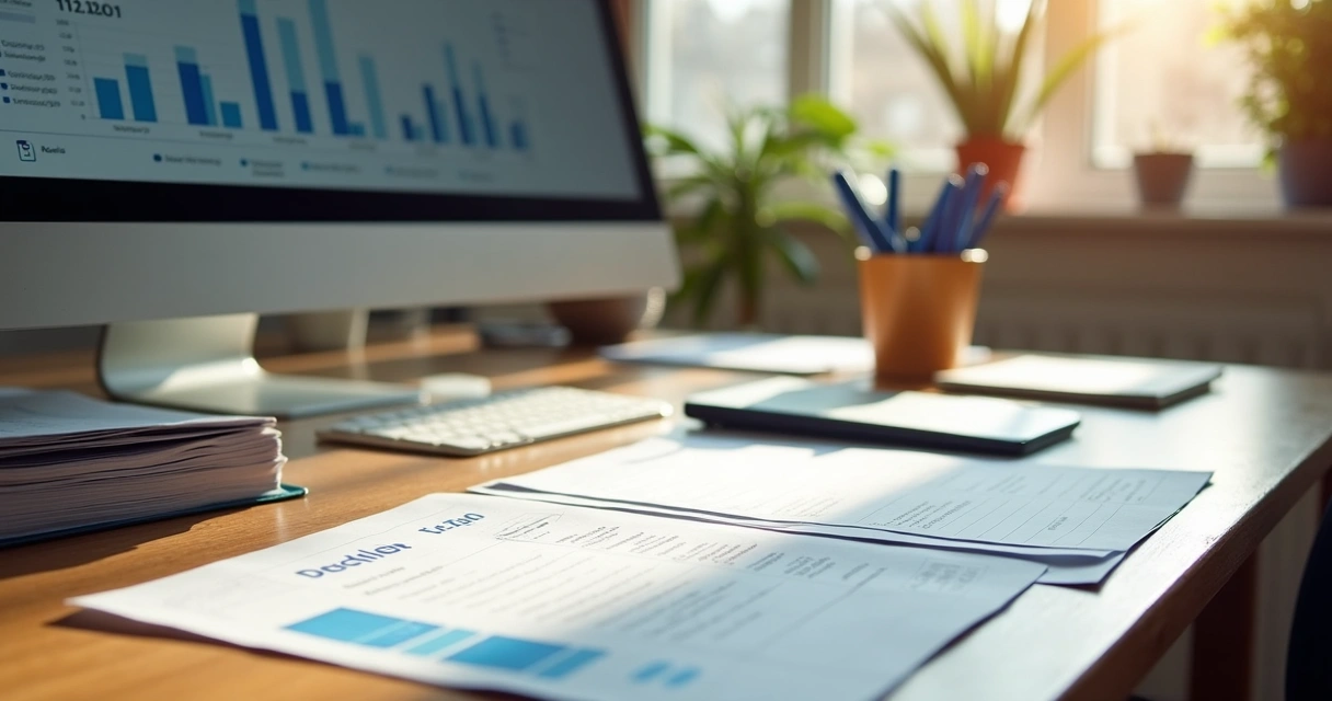 Mesa de escritório com documentos fiscais organizados, computador e canetas 