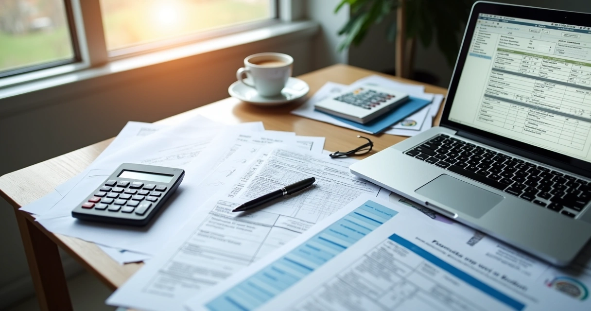 Mesa de escritório com documentos fiscais e calculadora 