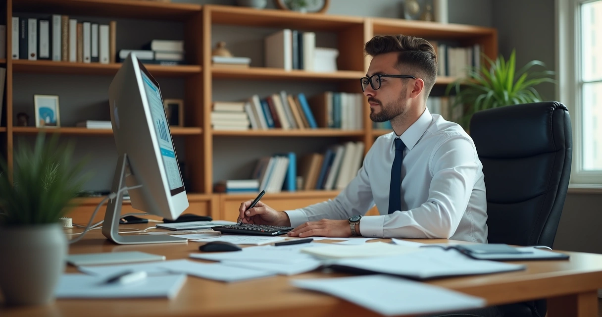 Profissional de contabilidade revisando documentos empresariais em mesa de escritório