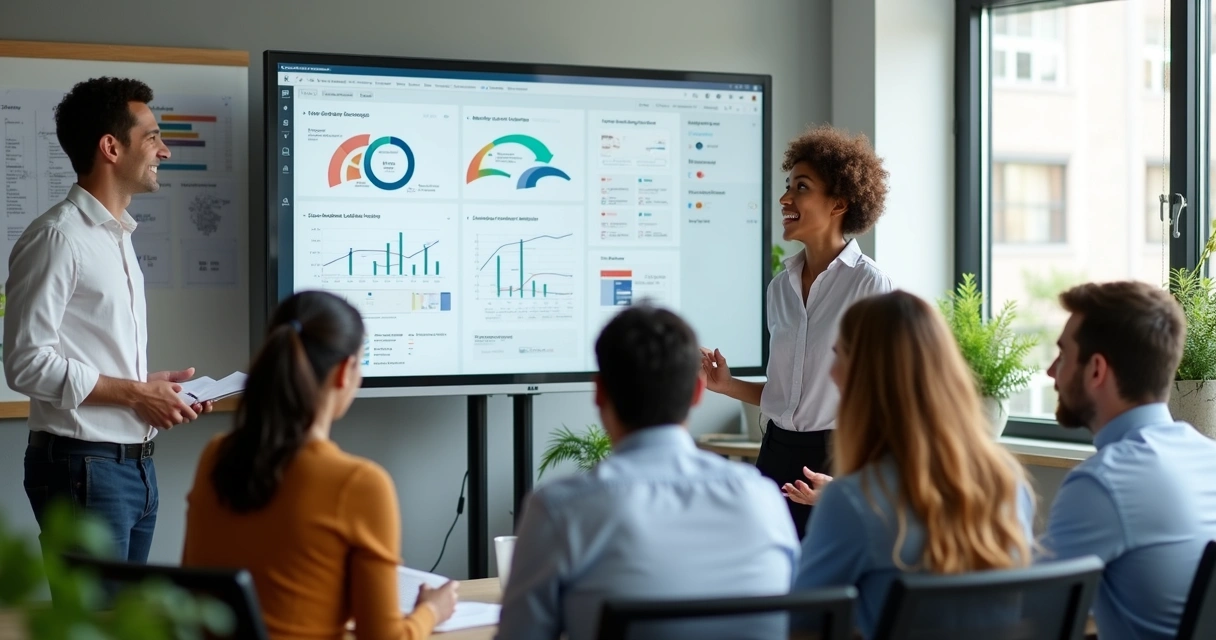 Equipe de escritório contábil usando sistema CRM na tela 