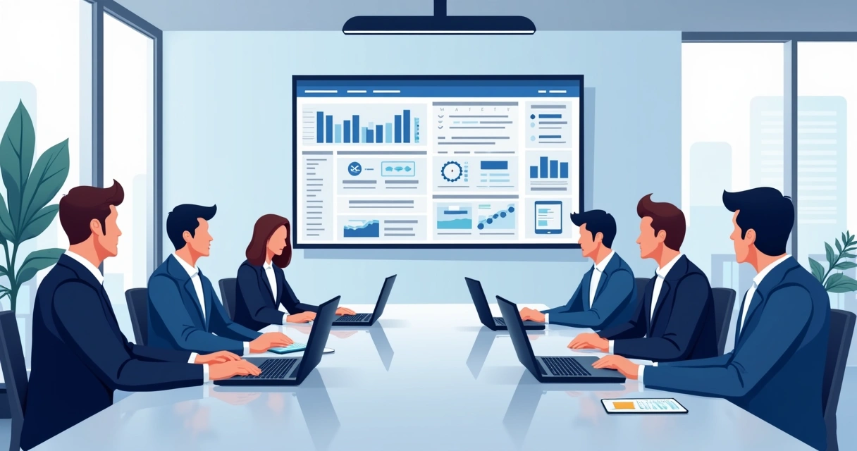 Equipe contábil reunida em mesa de reunião com estratégia digital sendo discutida em telas 