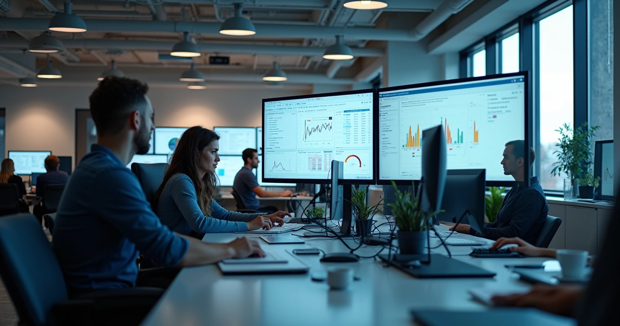 Escritório contábil moderno com equipe enxuta trabalhando em múltiplas telas