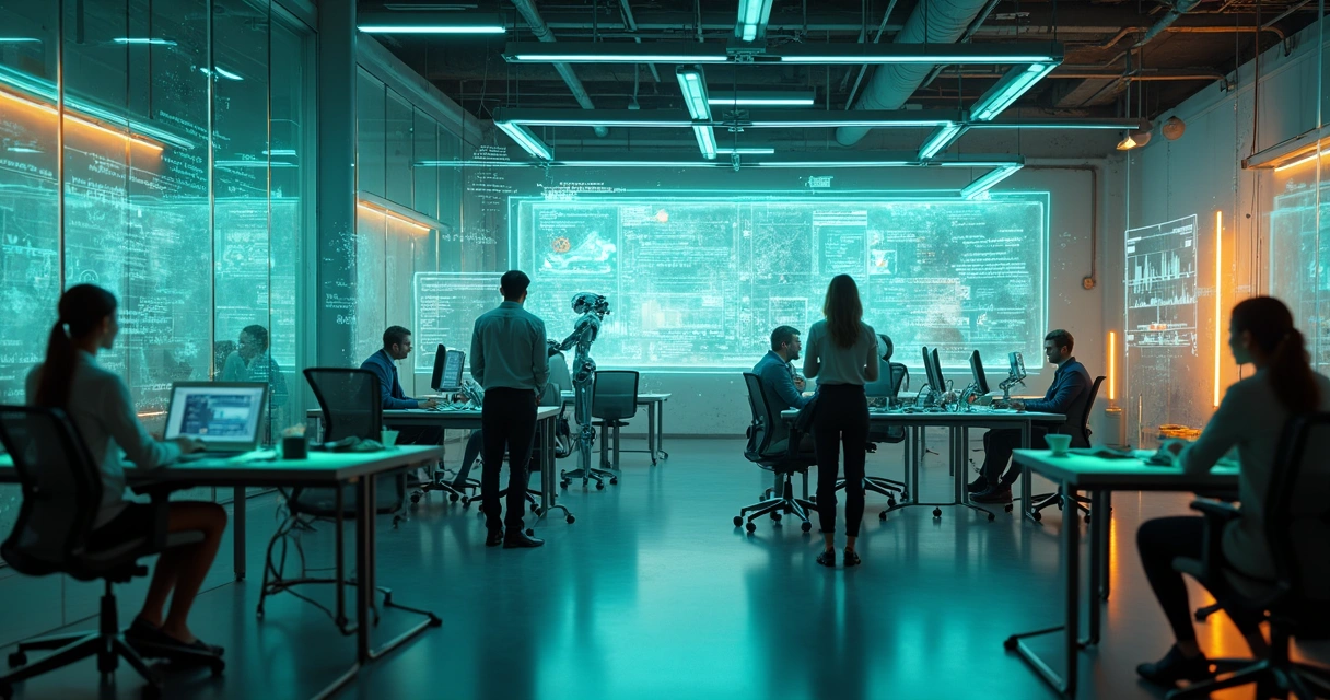 Escritório contábil moderno com telas holográficas, robôs digitais e pessoas analisando gráficos avançados 