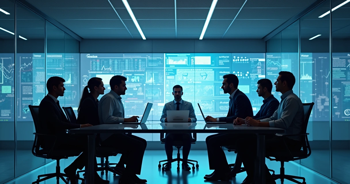 Profissionais de contabilidade reunidos em ambiente moderno com telas mostrando automação digital 