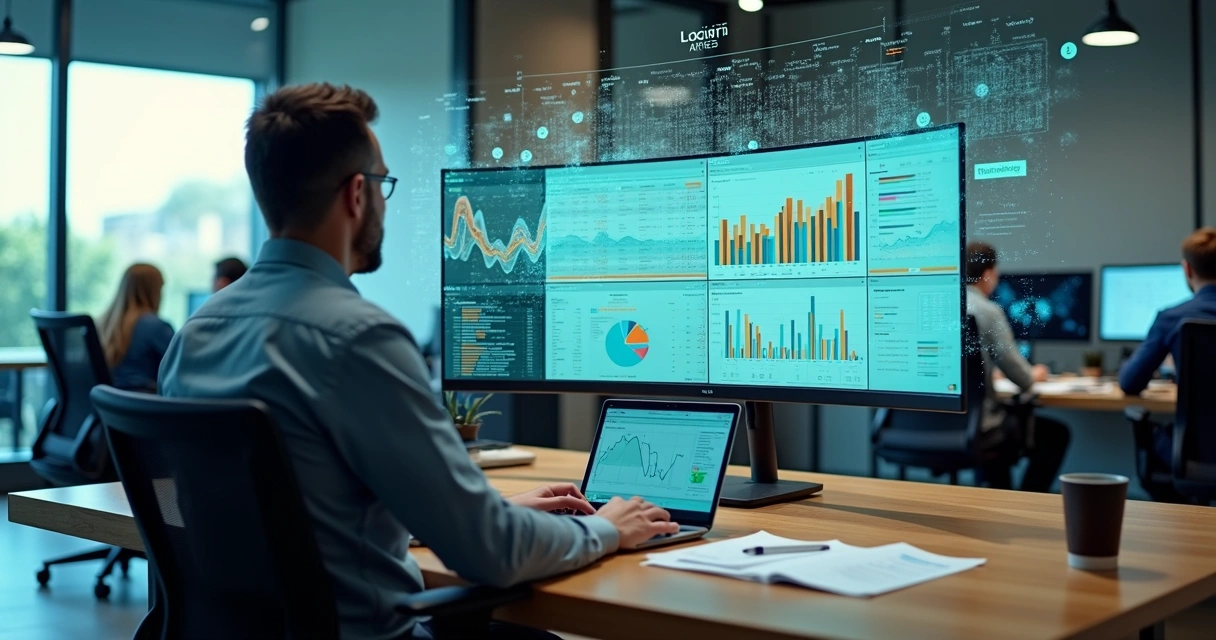 Contador em escritório moderno usando painel com gráficos e ícones de inteligência artificial 