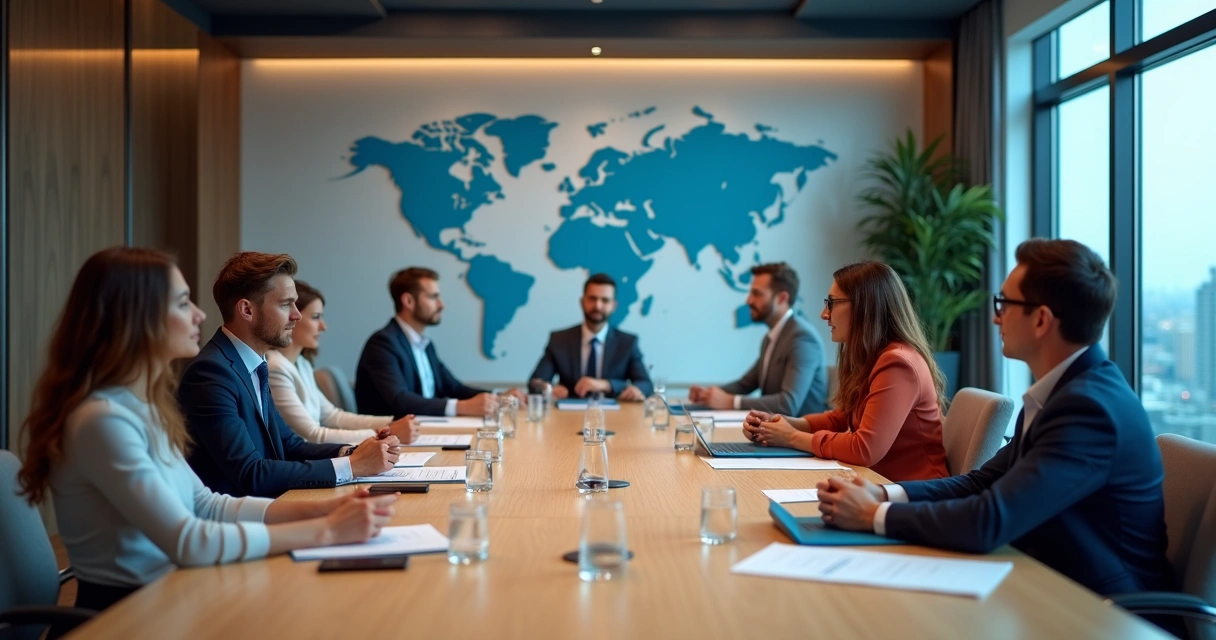 Sala de reunião de escritório contábil com identidade visual azul e bege nos detalhes decorativos 