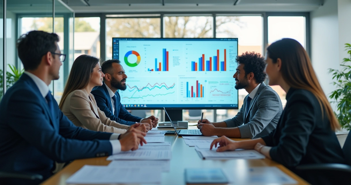 Equipe de contabilidade usando software de IA em ambiente moderno 