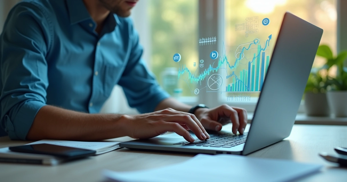 Contador digitando no notebook com gráficos de marketing digital ao fundo 