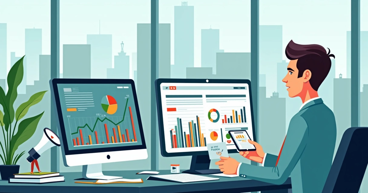 Contador em escritório analisando gráficos de marketing digital 