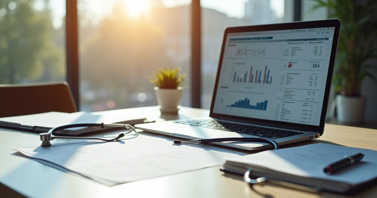 Mesa de escritório com documentos contábeis, computador e estetoscópio 