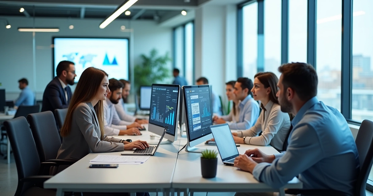 Equipe contábil trabalhando com computadores em ambiente moderno de escritório 