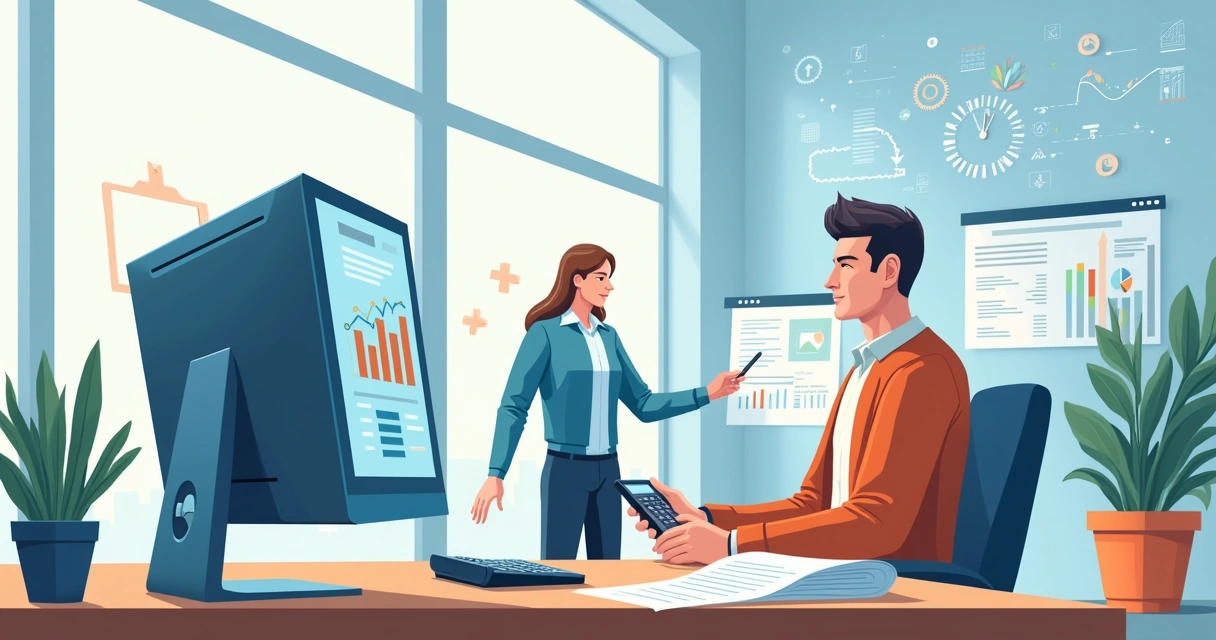 Escritório contábil moderno com tecnologia de automação, mostrando um contador utilizando software e ferramentas robóticas.