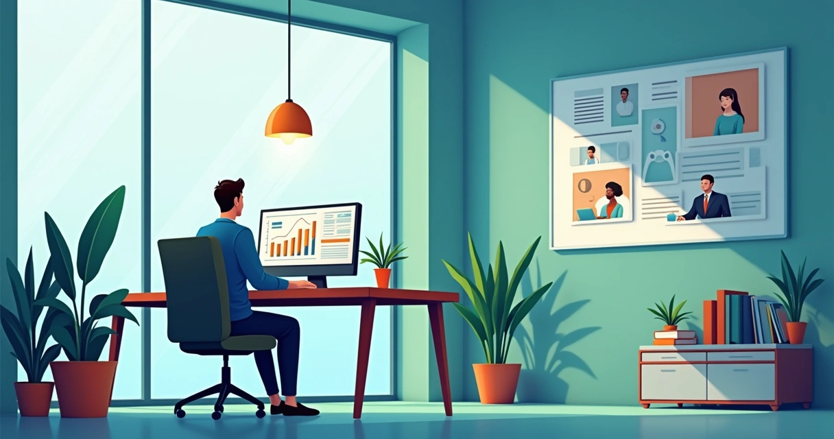 Ambiente de escritório contábil moderno com contador focado em gráficos financeiros na tela.