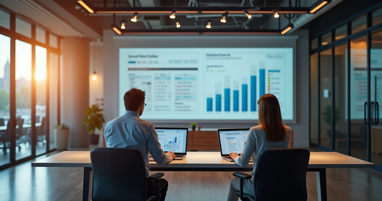 Escritório contábil com computadores e profissionais trabalhando 