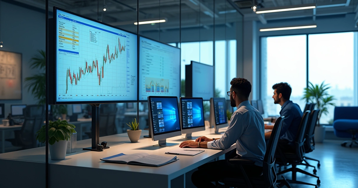 Profissionais em um escritório contábil usando computadores com gráficos e dashboards 