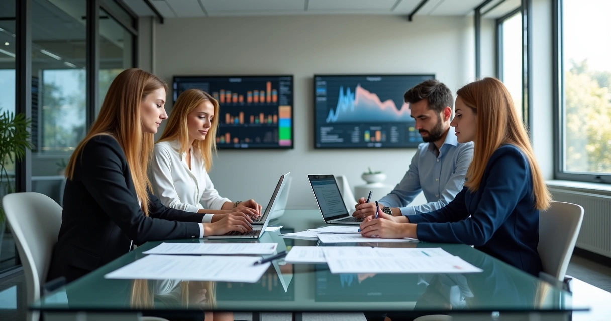 Sala de escritório moderna com profissionais discutindo documentos ao redor de uma mesa