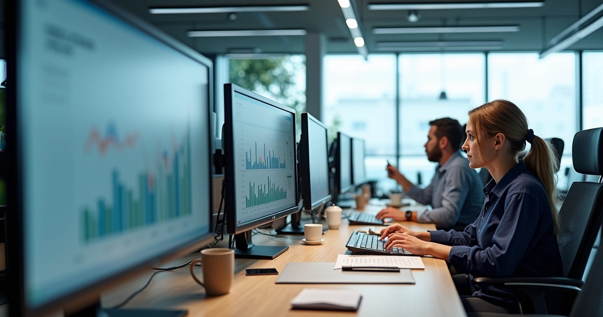 Ambiente de escritório contábil com computadores e equipe analisando dados na tela 