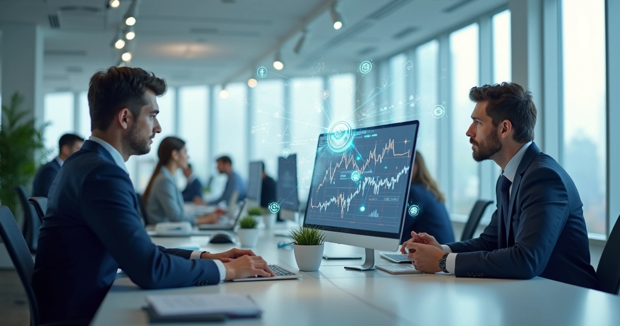 Ambiente de escritório contábil moderno com pessoas trabalhando em mesas, computadores e telas exibindo gráficos financeiros 