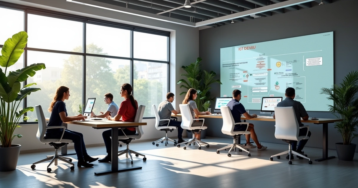 Sala de escritório contábil moderna com computadores e telão de dados 