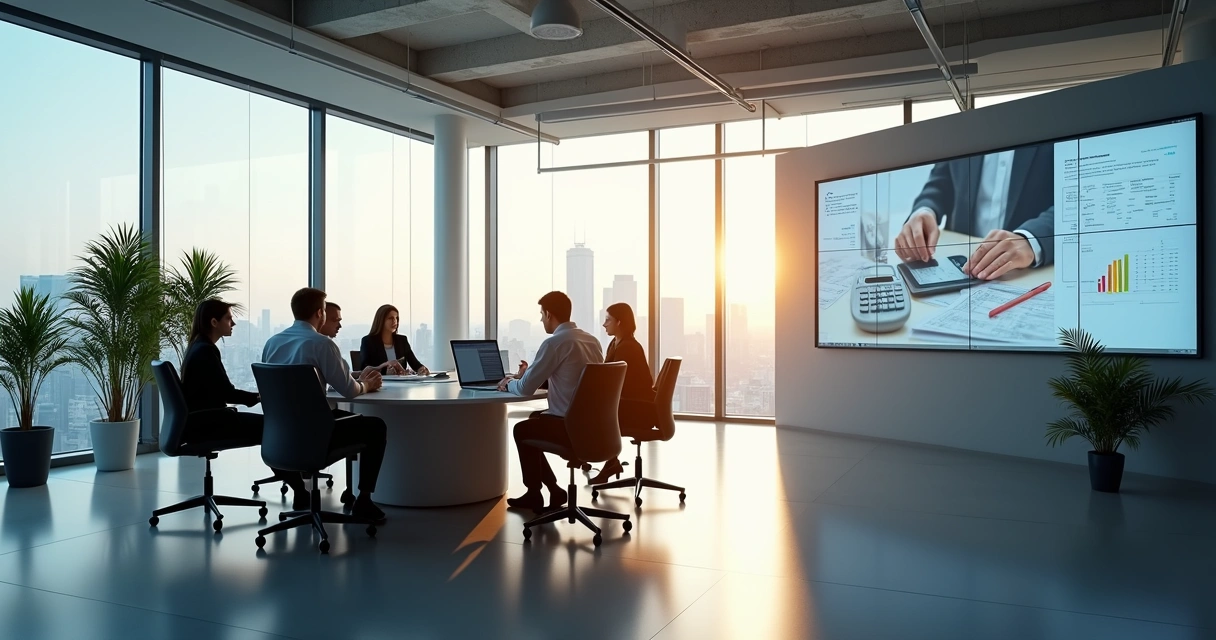 Escritório contábil moderno e computadores em mesa de reunião 