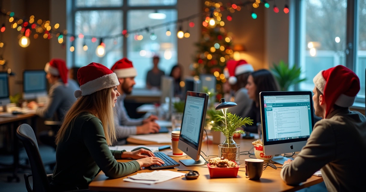Escritório contábil decorado para o Natal, com luzes coloridas e equipe trabalhando 