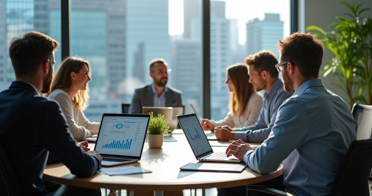Reunião em escritório contábil com equipe usando notebooks 