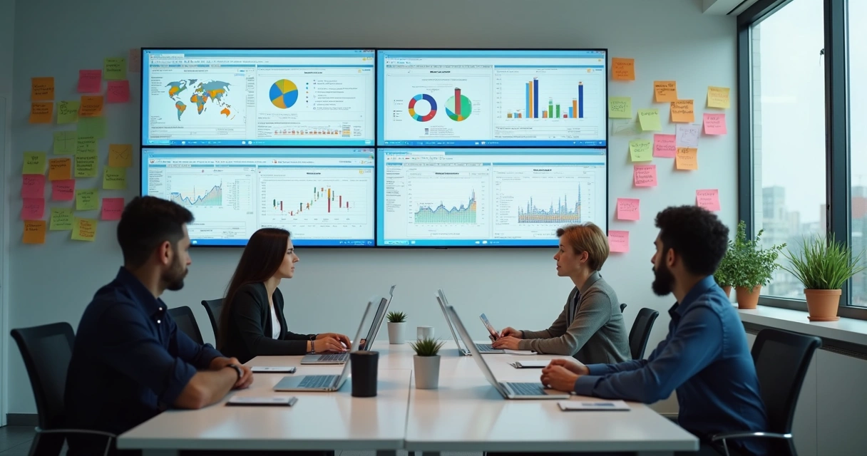 Computador com gráficos novos e planilhas contábeis coloridas em escritório moderno 