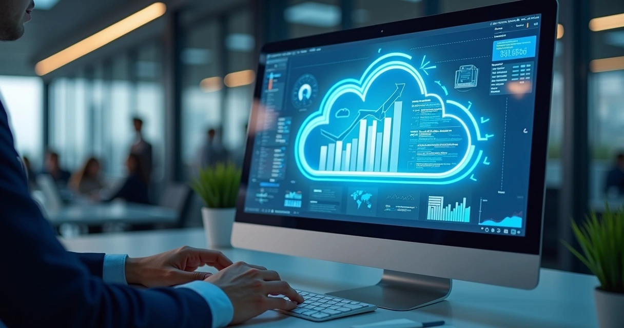 Ambiente de escritório moderno com contador utilizando software contábil em nuvem 