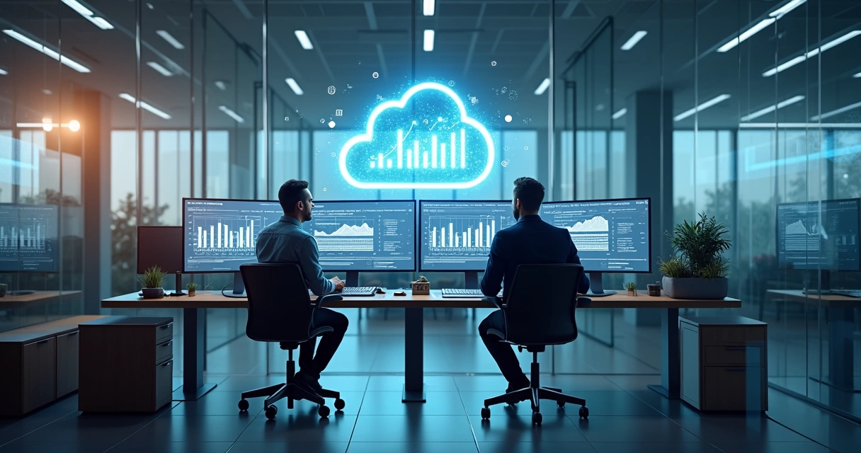 Pessoas trabalhando em escritório contábil moderno com telas mostrando gráficos e nuvem digital 