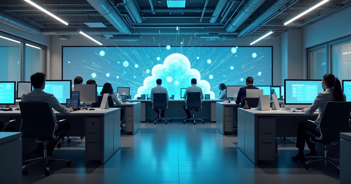 Cena de um escritório contábil moderno com computadores conectados a um painel digital de nuvem 