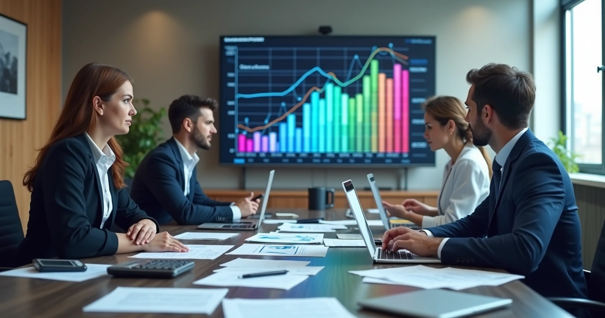 Profissionais em uma mesa de escritório analisando gráficos financeiros na tela 