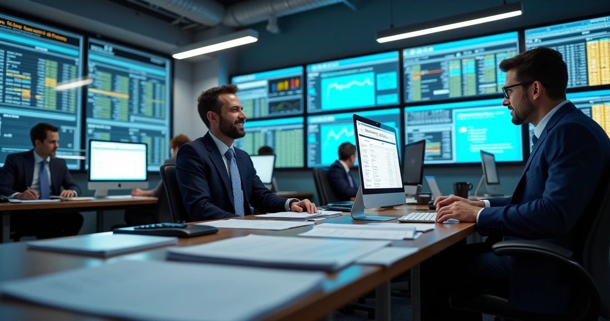 Pessoas trabalhando em escritório de contabilidade analisando papéis e sistemas digitais. 