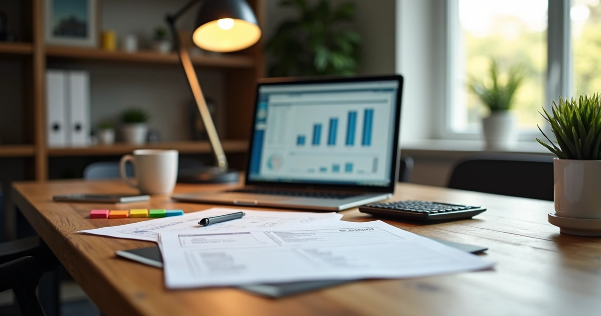 Papeis sobre mesa ao lado de notebook em escritório de contabilidade 