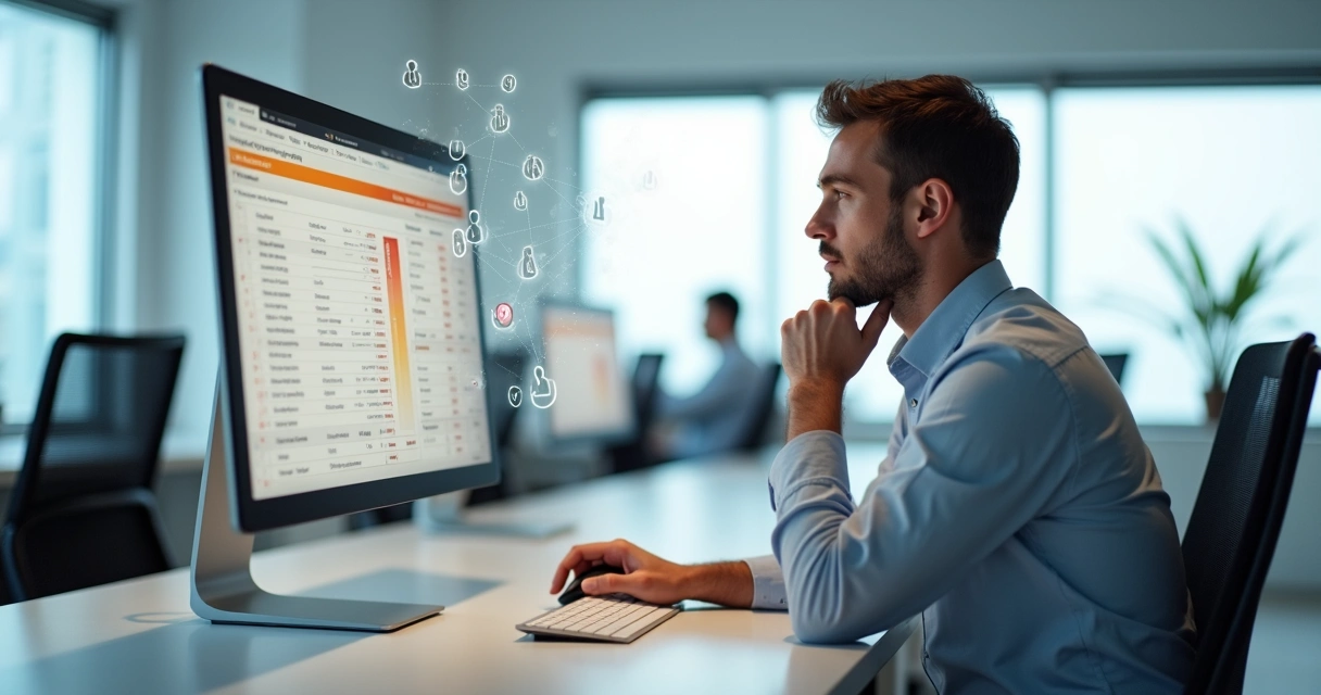 Contador em escritório olhando lista de clientes com ícones de alerta 