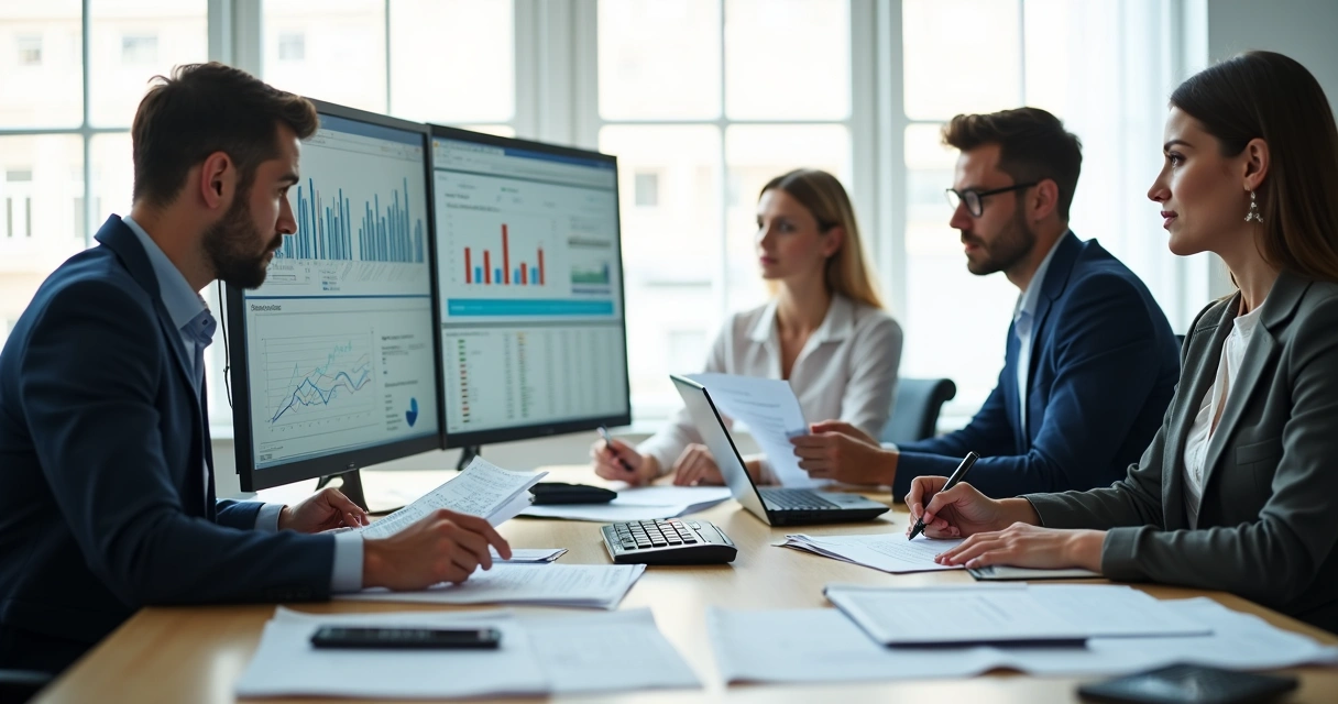 Contadores trabalhando em escritório com documentos e computador 
