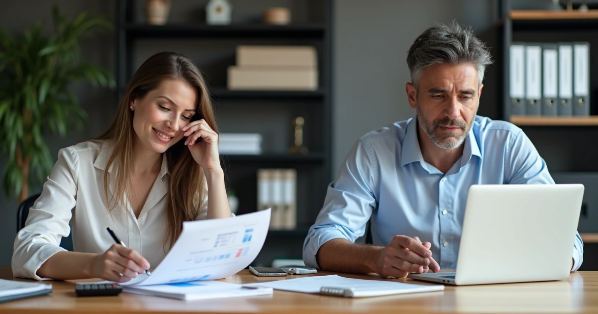 Dois profissionais, um CLT e um PJ, em ambiente de escritório, cada um em sua mesa