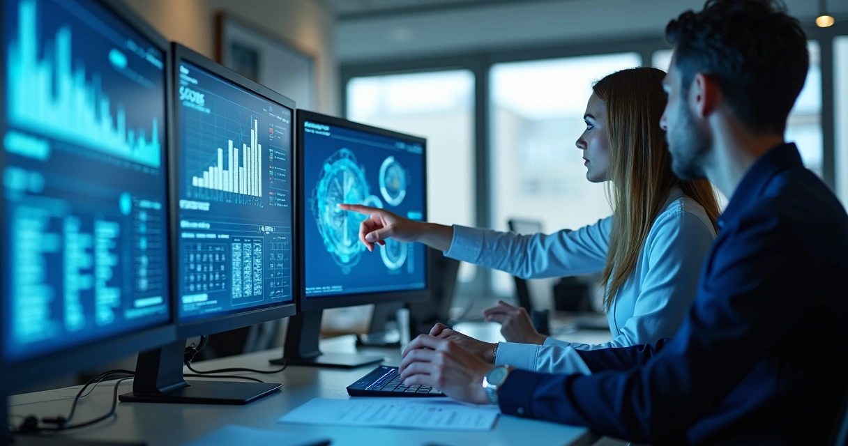 Profissionais em escritório contábil analisando dados digitalmente, foco na tela com gráficos de proteção de dados 