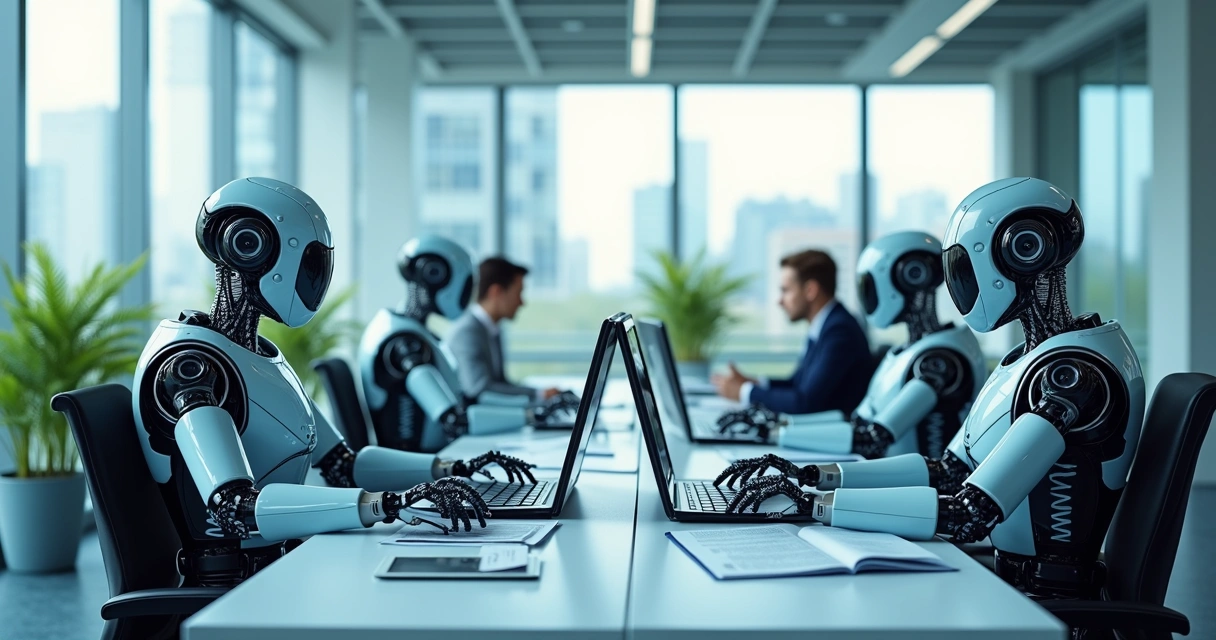 Robôs digitais trabalhando em estações de trabalho de escritório 